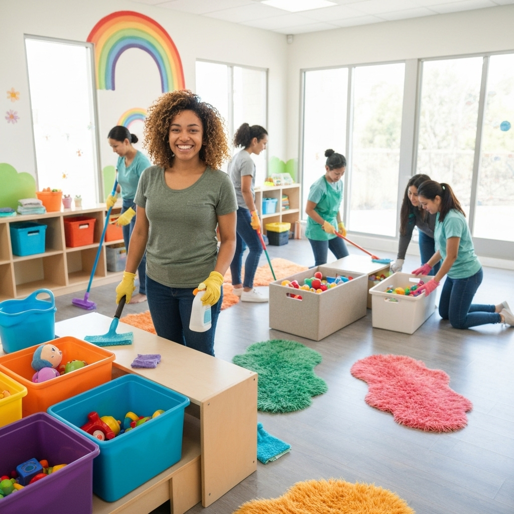 Professional staff performing daily childcare cleaning routine including classroom sanitization and toy cleaning in Sydney childcare center