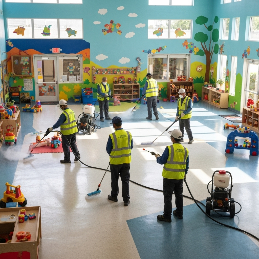 Professional deep sanitizing of childcare facility with specialized equipment and eco-friendly products for comprehensive cleaning in Sydney