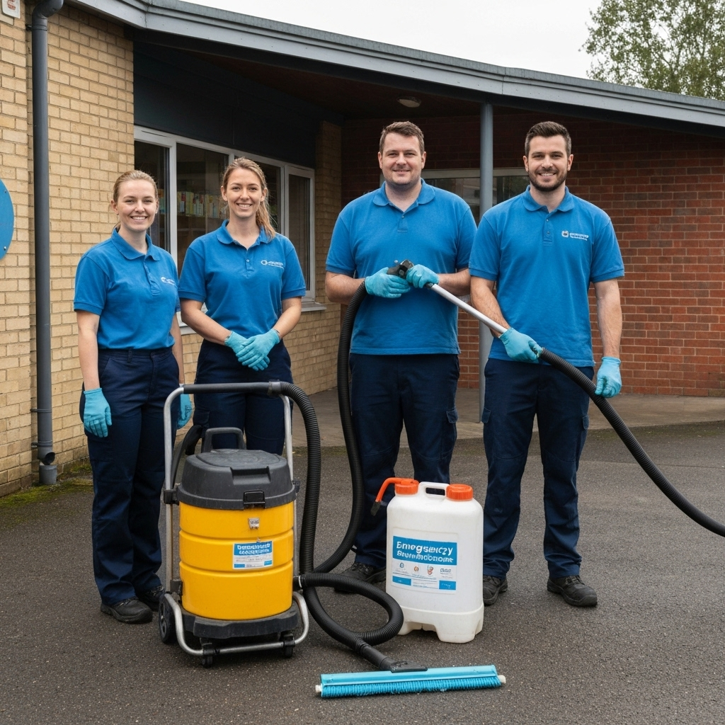 Emergency cleaning response team with professional equipment ready for rapid childcare facility cleaning services in Sydney