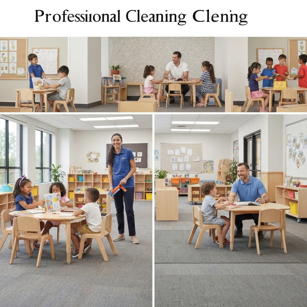 Happy childcare center staff and children in clean, bright facility after professional cleaning service in Sydney