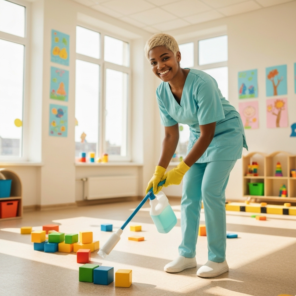 Professional childcare cleaning process showing staff sanitizing classroom with eco-friendly products and systematic approach in Sydney facility